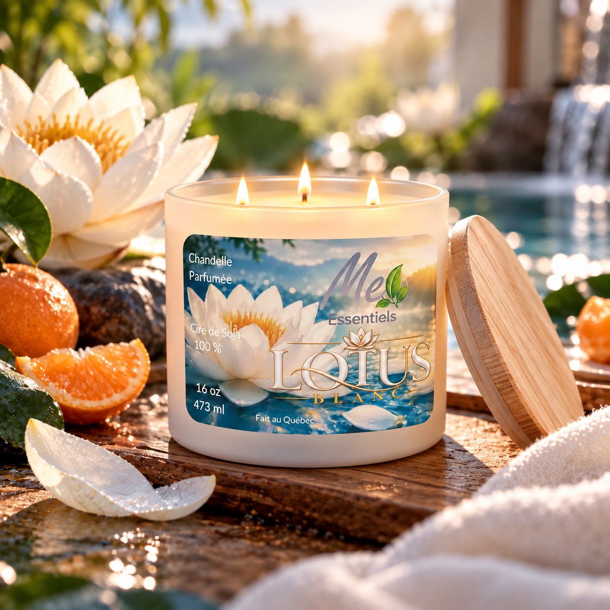 LOTUS BLANC — Chandelle parfumée 16 oz · 3 mèches - Me Essentiels
